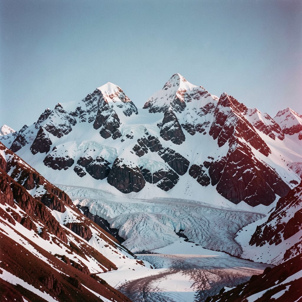 Gran pico montañoso cubierto de nieve con crestas rocosas oscuras y glaciar debajo bajo un cielo azul claro, atmósfera serena de alta montaña.