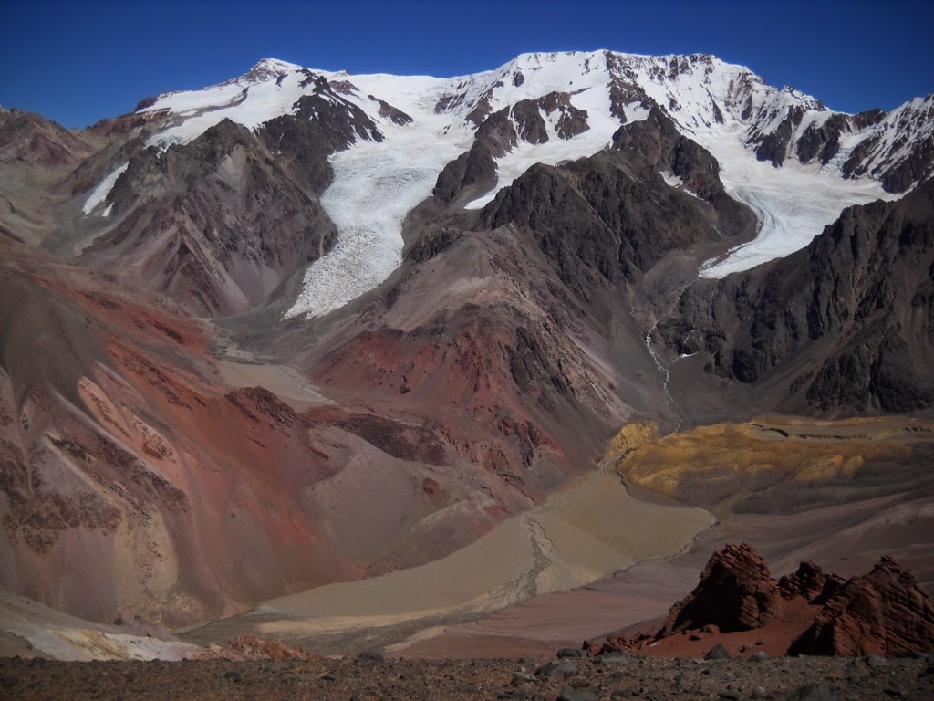 Panorámica de un valle de alta montaña con glaciar, cumbres nevadas y laderas de roca en tonos rojizos bajo un cielo azul intenso